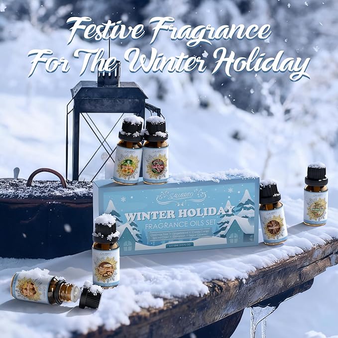 SALUBRITO Winter Fragrance Oils Set, Holiday Essential Oils for Diffuser, Candle, Soap Making - Christmas Tree, Cinnamon, Gingerbread, Candy Cane, Spiced Cider, Sugar Cookies Scented Oil - Bloomnest