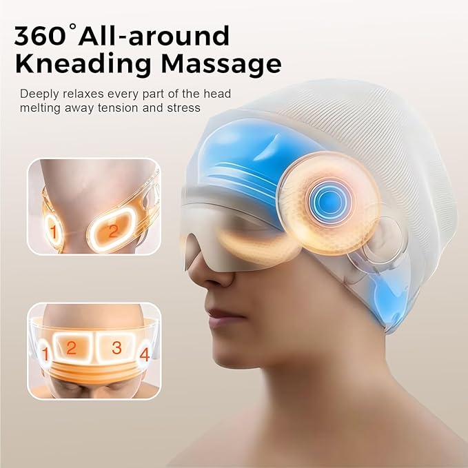 Head Massager for Headaches, Eye Massager with Heat, Electric Rechargeable Head and Eye Massage Tool for Stress Relief, Migraine Relief Massager for Forehead, 6 Zone Kneading COMRELAX