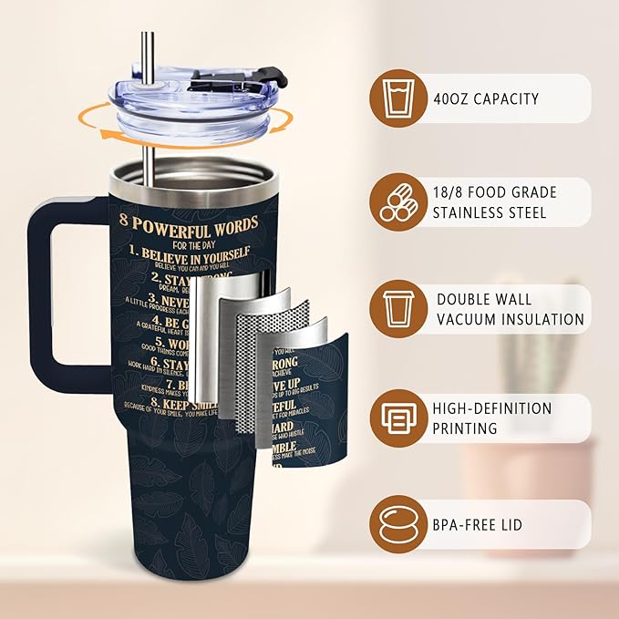 DUUV 40 Oz Tumbler with Motivational Quotes - Stainless Steel Insulated Travel Mug for Daily Empowerment, Christmas Inspirational Gifts with Powerful Words (Believe, Never Give Up, Stay Strong), 1PCS - Bloomnest
