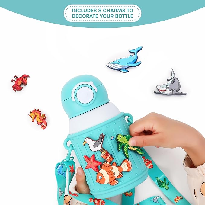Kids Insulated Tumbler Set – 16oz Stainless Steel Water Bottle with Straw & Pour Lids, Screw-On Cup, Adjustable Strap, Silicone Sleeve & Charms – Leakproof BPA-Free Bottle for Boys & Girls - Bloomnest