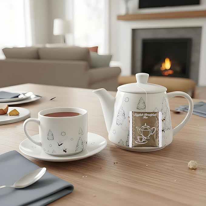 Christmas Teapot Set Ceramic Tea Pot with English Breakfast Tea, 17OZ Christmas Tree Tea Kettle with Mug as Birthday & New Year Gifts for Home & Kitchen Decor(Christmas Tree) - Bloomnest