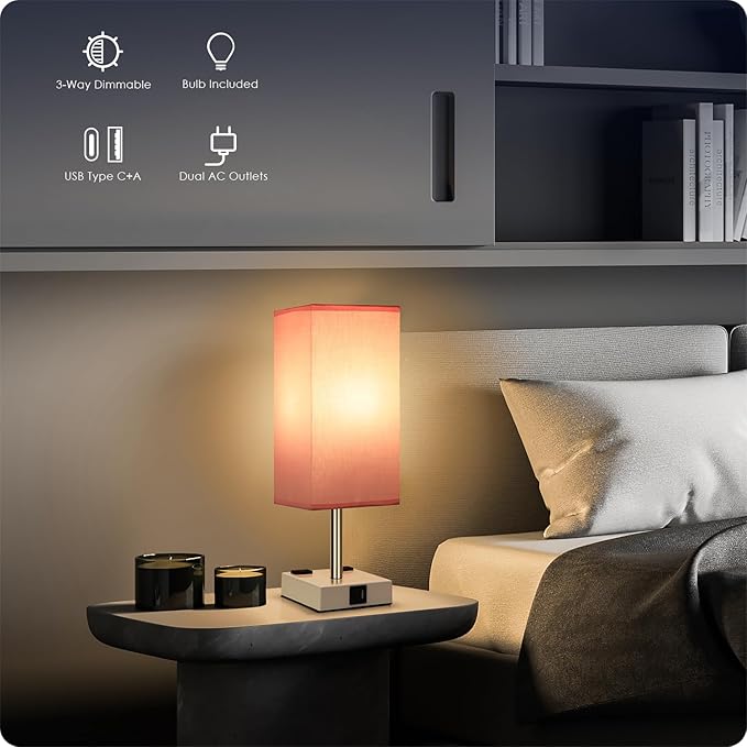 Bedside Lamp with USB Ports - Touch Control Table Lamp for Bedroom with USB C+A Charging Ports & AC Outlets, 3 Way Dimmable Nightstand Light with White Base for Living Room (LED Bulb Included, Pink) - Bloomnest