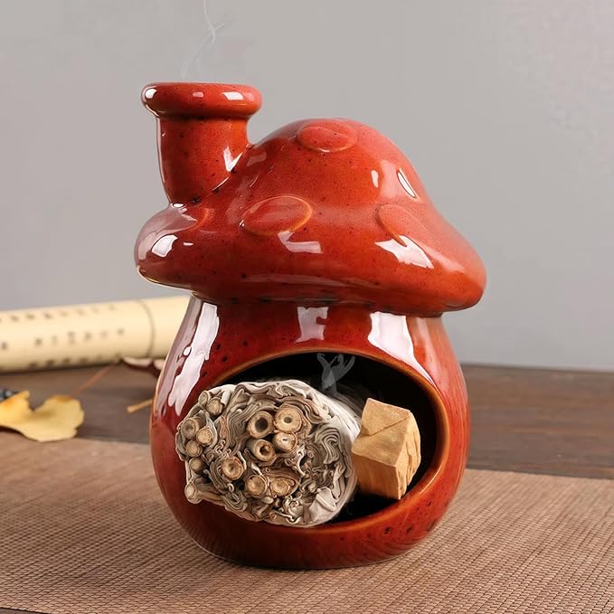 Mushroom Incense Holder, Blue Ceramic Palo Santo Holder Burner & Sage Holder - Mini Tabletop Chiminea Burner Tray with Ash Catcher, Cute Mushroom Decorations for Spiritual Meditation & Yoga