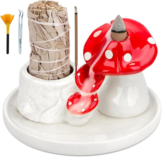 ZenBless 5 in 1 Mushroom Gifts Waterfall Incense and Candle Burner for Burning Sage, Palo Santo, Incense Sticks Backflow Cones,Candle Ceramic Backflow Cone Holder Spiritual Meditation Yoga ZenBless