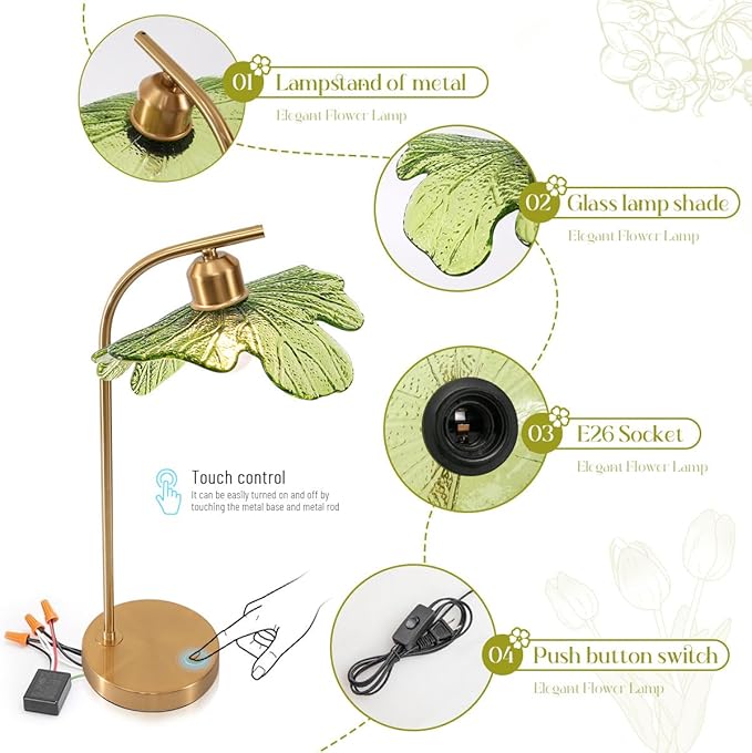 touch Table Lamp set of 2, Mid Century Modern Table lamp Gold Desk lamp tall table lamp nightstand lamp with Green Glass Flower Shade Bedside Table Lamp for end table Bedroom Living Room Office - Bloomnest