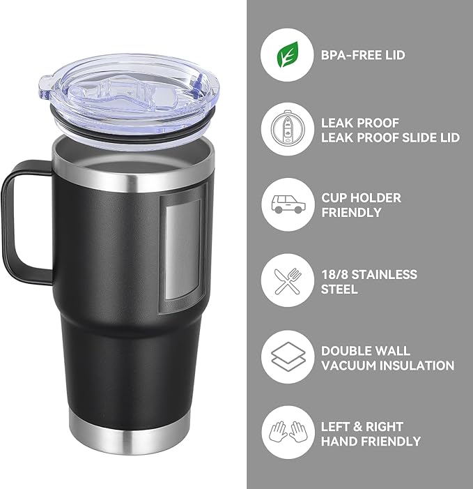 VEGOND 20 oz Tumbler Bulk with Handle Lid and Straw, Stainless Steel Insulated Travel Coffee Mug Set, Spill Proof Double Wall Metal Tumblers Cups, Black 6 Pack - Bloomnest