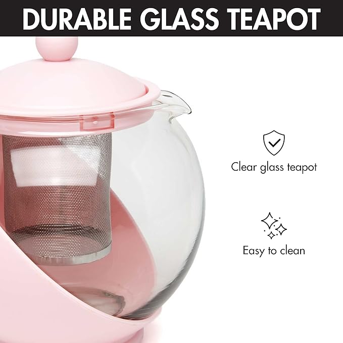 Primula Half Moon Teapot with Removable Infuser, Glass Tea Maker with Reusable Fine Mesh Stainless Steel Filter, Dishwasher Safe, 40-Ounce, Pink