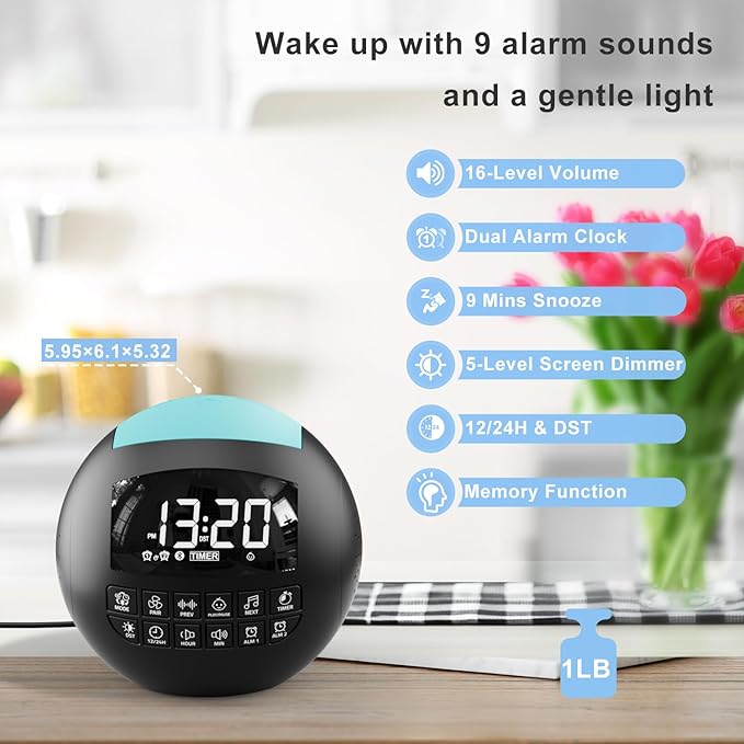 5-in-1 White Noise Sound Machine + Bluetooth + Night Light, 42 Soothing Sounds Sleep Machine for Kids Baby Adults, 8 Timer & Adjustable Volume, USB & Type-C Ports, Dual Alarm Clocks for Bedrooms… - Bloomnest