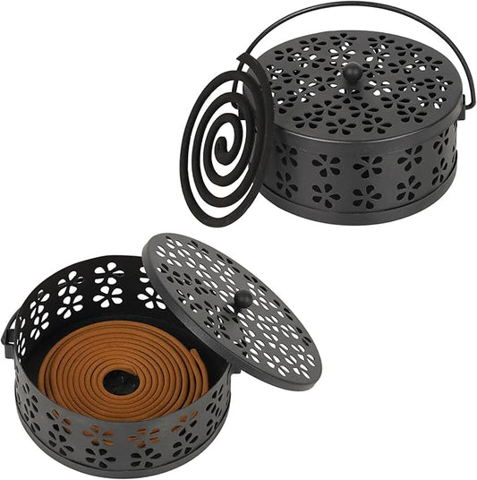 Portable Iron Mosquito Coil Holder with Handle Round Heat-Resistant Incense Holder (2 Pack Black) - Bloomnest