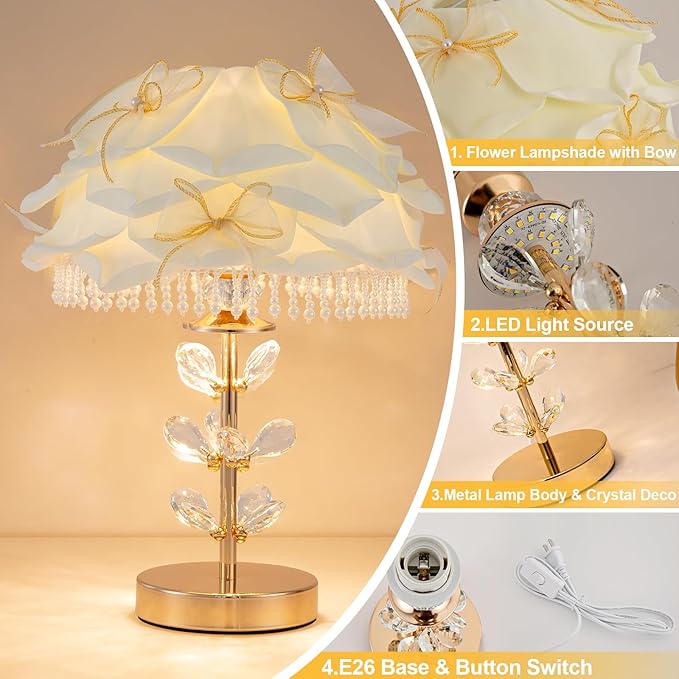 Cute White Table Lamp Girls Bedroom Modern Bow Desk Lamp Crystal Princess Bedside Light for Living Room Wedding Deco Study Room Entry Office - Bloomnest