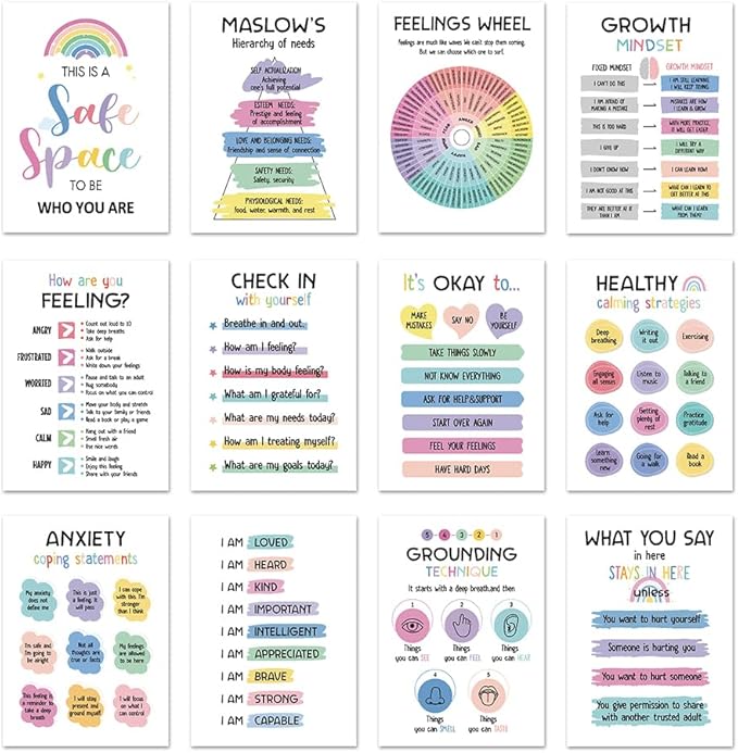 Qaxrocyn 12 Pcs Mental Health & Emotional Regulation Poster for Anxiety Relief & Self Care, 10 * 14″ Colorful Psychological Wellness Wall Art Decor for Office Classroom Home Counseling (Style B) - Bloomnest