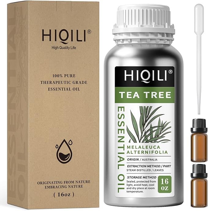 HIQILI Tea Tree Oil 16 Fl Oz, for Skin, Hair, Nail, Diffuser, Soap Making, Includes Two Portable Decanters - Bloomnest