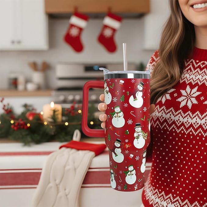 Ceovfoi 40 Oz Christmas Snowman Tumbler Coffee Travel Mug Cup with Handle, Snowman Decor, Christmas Gifts for Women - Bloomnest