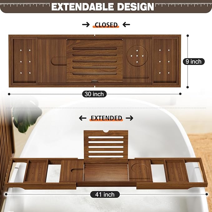 Wooden Bathtub Tray for Luxury Bathroom, Expandable Premium Teak Bath Tray, Adjustable Bath Accessories for Tub, as Unique Housewarming, Holiday, Birthday Gifts - Bloomnest