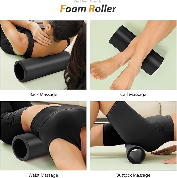 5 in 1 Foam Roller Set - Trigger Point Foam Back Roller, Muscle Roller Stick, Massage Ball, Stretching Band for Deep Muscle Massage Pilates Yoga,Fitness Exercise for Whole Body Release (Pure Black) - Bloomnest