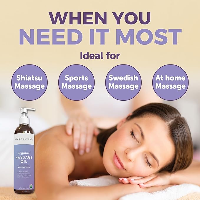 Viva Naturals Organic Massage Oil (8 fl. oz.) - Lavender Scented Non-Greasy Body Massage Oil with Mess-Free Pump, Moisturizing Massage Oils for Massage Therapy, Non-GMO and Certified Organic, 237 mL - Bloomnest
