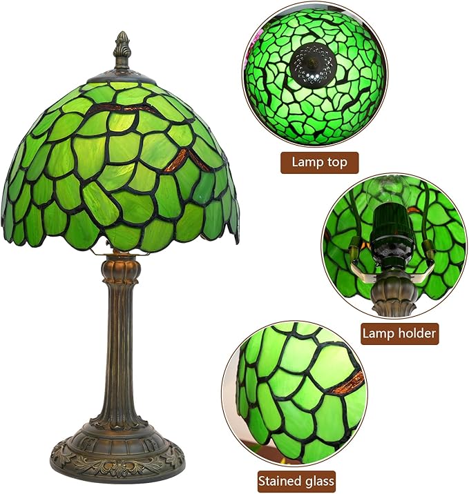 Tiffany Lamp Stained Glass Table Lamp 8X8X14 Inches Desk Reading Light Decor Beside Bedroom Living Room Home (H-1056- Green Leaf) - Bloomnest