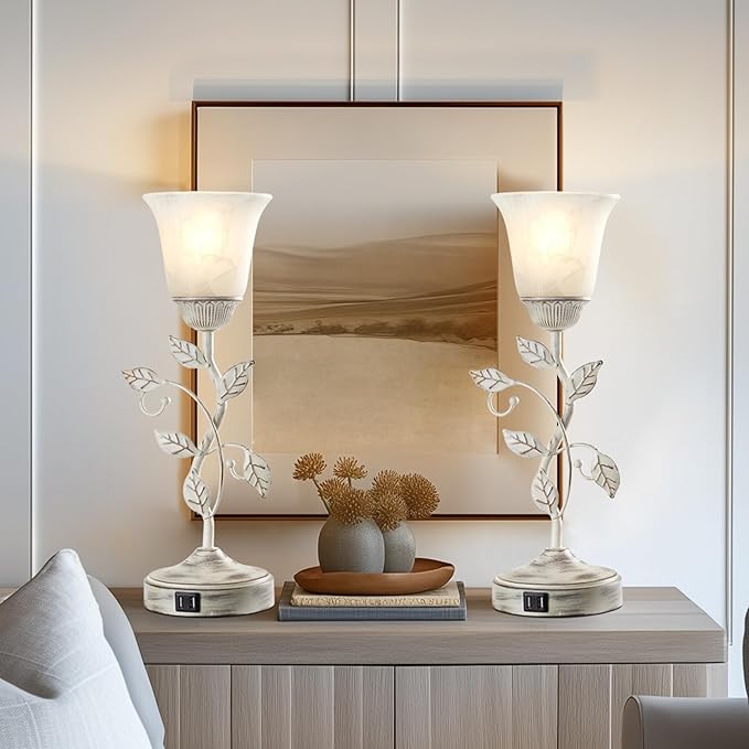 RORIANO Set of 2 Rustic Touch Table Lamps for Bedroom, 3-Way Dimmable Nightstand Flower Lamp with 2 USB Ports, Retro White Glass Shade Leaf Lamp for Living Room Entryway, 2 LED Bulb Included - Bloomnest