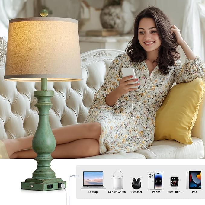 29" Tall Vintage Table Lamps Set of 2,Retro Green Bedside Lamps with USB C+A Ports & AC Outlet,3-Way Dimmable Touch Lamp for Night Stands Living Room Bedroom,Green - Bloomnest
