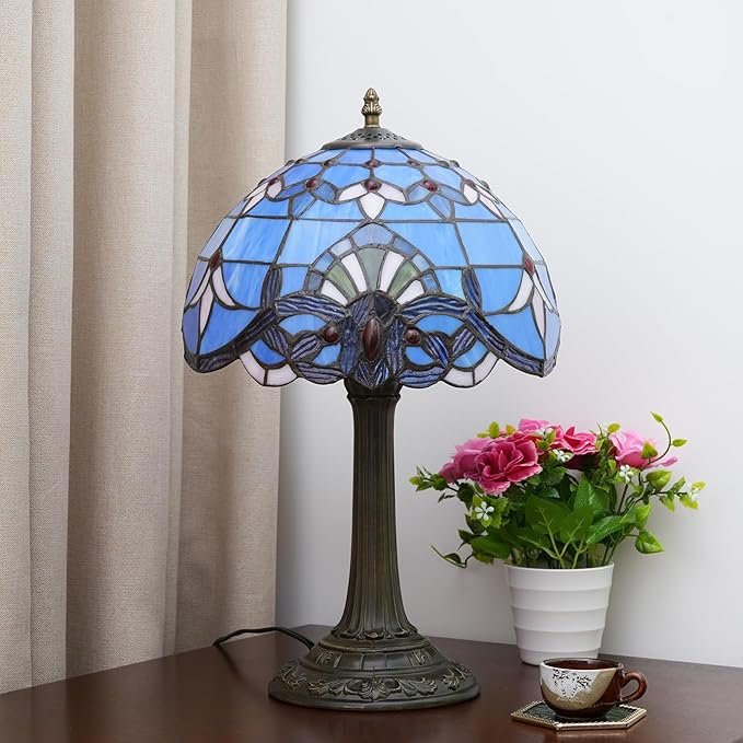 Tiffany Lamp Stained Glass lamp 12 inches Bedside Table Lamps for Living Room Bedroom Dorm Kitchen Home Decor Festival Birthday Gift,Blue Baroque - Bloomnest