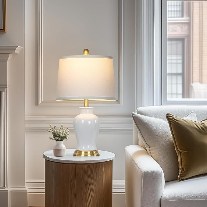 Modern Ceramic Table Lamps Set of 2, 23" White Ceramic Lamps for Living Room, Rustic Farmhouse Bedside Lamp with Ginger Jar Design, Elegant Bedroom Lamp for Nightstand Desk Side End Table Home Decor - Bloomnest