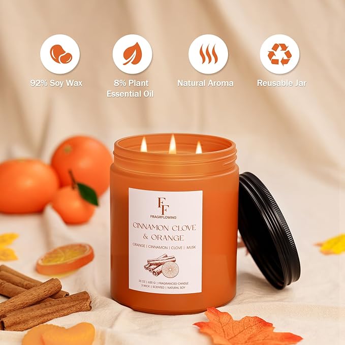 Large Fall Candle Cinnamon Clove Scented, 3-Wick 22oz Long Lasting Scented Candle, Natural Soy Wax Aromatherapy Candle for Home, Autumn Candle Gifts for Women Men - Bloomnest