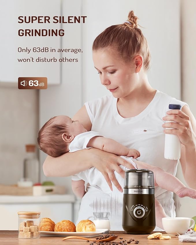 SHARDOR Electric Super Silent Blade Coffee Grinder, Timed Grind Control Rotary Knob, Adjustable Coarse to Fine for Coffee Beans, Spices & Herbs, with 1 Removable Stainless Steel Bowl, Brown - Bloomnest