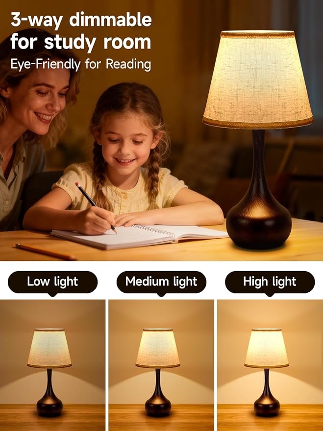 Touch Table Lamps for Bedroom, Farmhouse 3-Way Dimmable Bedside Lamps for Nightstand with Fabric Shade,Lamps for Living Room，Desk Lamps for Home Office - Bloomnest