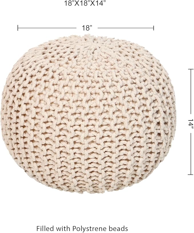 REDEARTH Round Pouf Ottoman - Cable Knitted Boho Poof - Home Décor Cord Pouffe Handmade Circular Footrest for Living Room - Bedroom - Kids Bedroom - 100% Cotton Pouf (18" x 18" x 14") - Ivory - Bloomnest