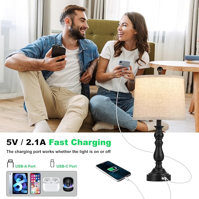 23'' Farmhouse Table Lamps for Living Room Set of 2 with USB C+A Ports, Retro Bedside Lamp for Bedroom, Office, Dining Room, Knob Switch, 3 Color Temperatures, Bulb Included, Black - Bloomnest
