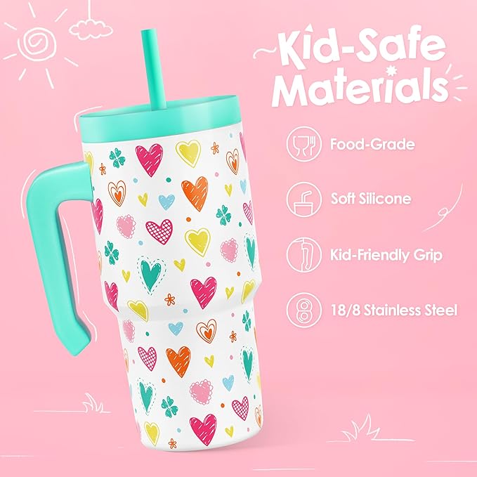 Heart Design Kid 20oz Tumbler with Handle and Silicone Straw Lid, Insulated Stainless Steel Cup, Gift for Kids Girls, Gifts Idea for Birthday Christmas Back to School - Bloomnest