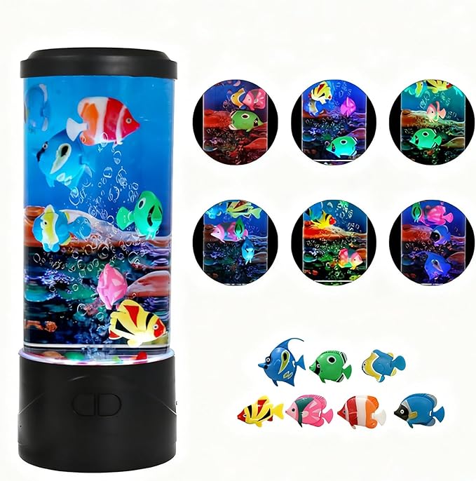 Toycol Bubble Fish Lamp, Ocean Theme Mini Aquaruim Light with 7-Color Changing, with 7 Fake Fish, USB Powered Night Light, Kids Room Decor, Great Gift for Children and Adults - Bloomnest