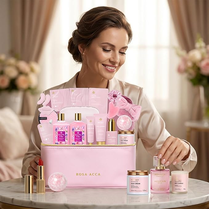 25 Pcs Valentines Day Gifts for Women, Luxury Rose Bath & Body Gift Set, Hydrating Skin Care Kit, Self Care Gifts, Cosmetic Bag, Necklace, Christmas, Birthday, Mothers Day, Anniversary - Bloomnest