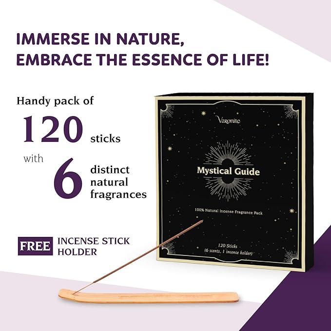 Mystical Guide Incense Sticks Variety Pack of 6 (120 Insence-Sticks) with Holder: Patchouli, Lavender, Sandalwood, Cinnamon, Lemongrass, Sage Inscents-Stick, Organic Incense Stick Non Toxic