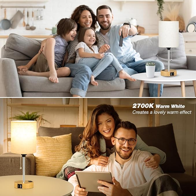 Small Bedside Lamp for Bedroom Nightstand - Table Lamp with USB C and A Port, Pull Chain Bed Lamps with AC Outlet, Wood Base Night Stand Lights for Kids Reading, Desk Lamp for Living Room/Dorm Room - Bloomnest