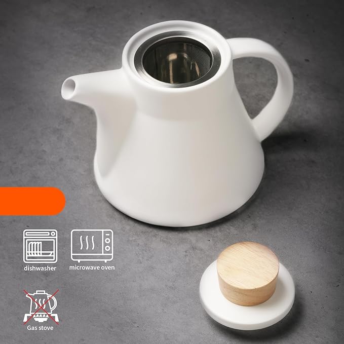 TETWIN Ceramic Teapot with Infuser, 25oz White Tea Pot with 8 Loose Leaf Tea Sampler Gift Set – Porcelain Teapot for Loose Tea, Elegant Nordic Design, Dishwasher Safe