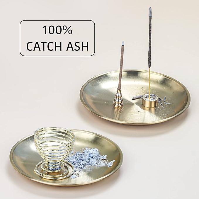 ZenBless 5 in 1 Incense Burner, Palo Santo Holder, Sage Holder, Incense Sticks/Coil/Cones, 5.5 inches Brass Ash Catcher for Meditation Yoga Room (Gold_2pcs) ZenBless