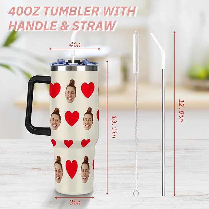Personalized Tumbler with Photo Face for Women, Custom 40oz Funny Tumblers with Handle and Straw Lid for Couples, Insulated Stainless Steel Travel Coffee Mug, Birthday Valentines Christmas Gag Gifts - Bloomnest