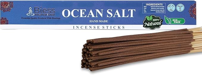 Bless-Ocean-Salt 100%-Natural-Handmade-Hand-Dipped-Incense-Sticks Organic-Chemicals-Charcoal-Free Purification-Relaxation-Positivity-Yoga-Meditation Best-Woods-Scent (25 Sticks (1.4 OZ)) BlessInternational