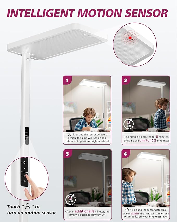 EMITEVER LED Floor Lamp, 100W Spectrum Eye Care Standing Lamp, 77'' Dimmable Motion Sensing & Daylight Sensing Reading Lamp for Study, Living Room, Conference, Office, 4000K Natural Daylight, White - Bloomnest