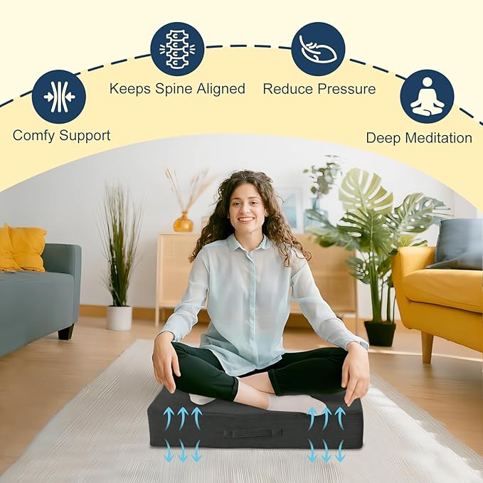 Wellsin Solid Square Floor Pillows for Adults Kids - Large Meditation Floor Pillow Seating Cushion with Thick Foam & Washable Velvet Cover, 1 Pack, 22x22x5 Inch, Gray - Bloomnest