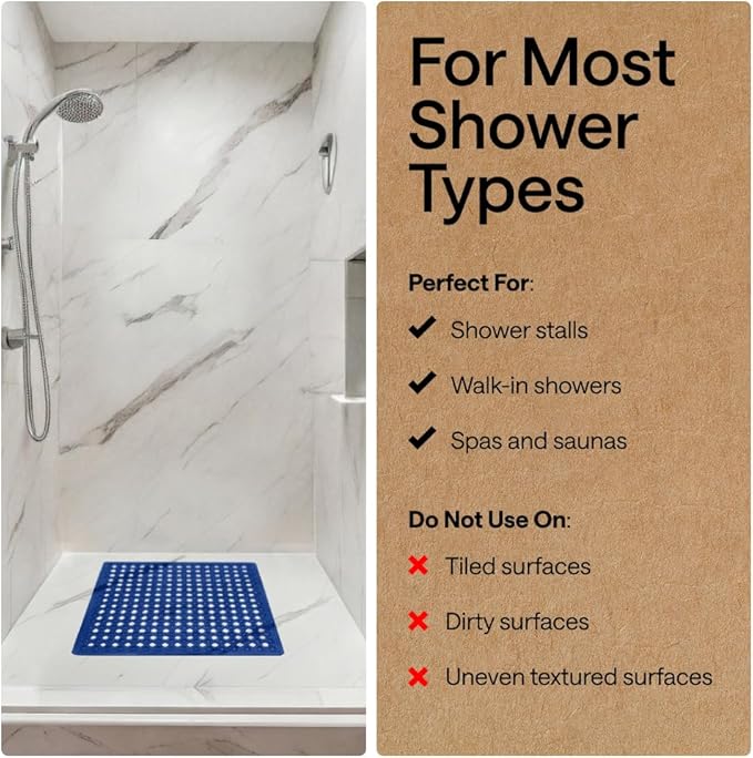 GORILLA GRIP Patented Square Shower Stall Mat, Small Bathtub Floor Mats for Stand Up Showers, Suction Cups, Drain Holes, Machine Wash, Soft on Feet, Bathroom Accessories 21x21 Inch, Royal Blue Opaque - Bloomnest