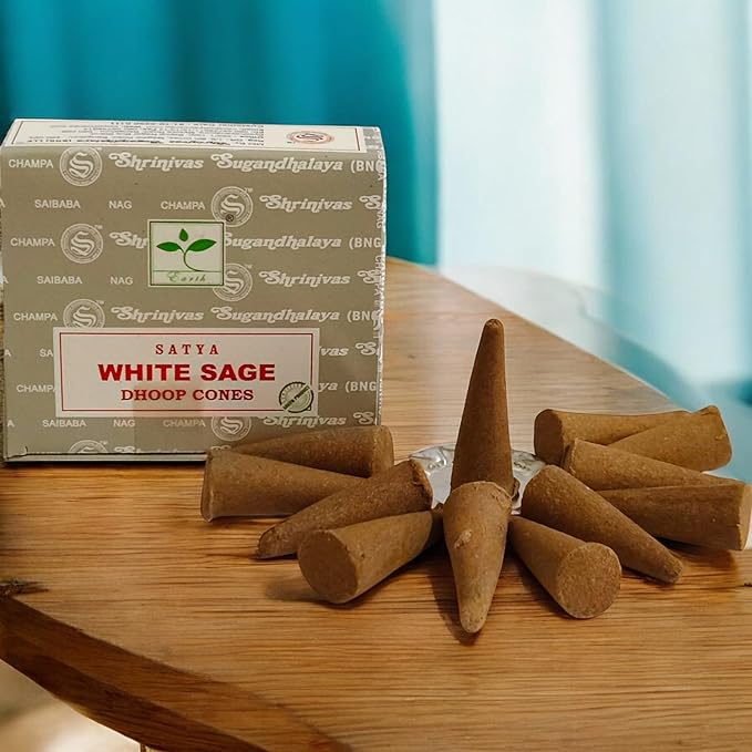 Satya Nag Champa Incense Cones for Meditation and Yoga, 48 Pieces, 4 Packs (Incense Dhoop Cones, White Sage) Giftbrit