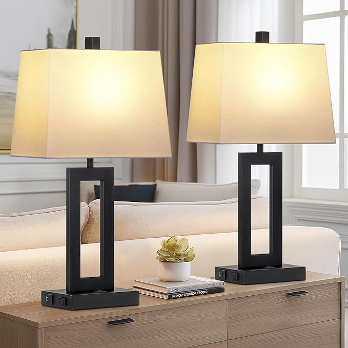 Table Lamp Set of 2 with USB C+A Ports & AC Outlet, Bedside Lamps, Modern Bedroom Lamps, Black Lamps for Night Stands Bedroom Living Room,Nightstand Lamp - Bloomnest