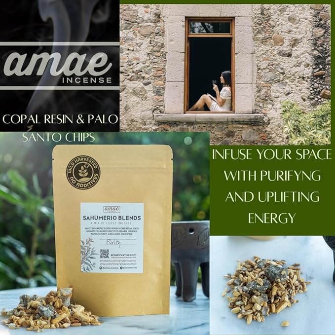 Natural Resin, Herbs & Essence Meditation Mix - Copal & Palo Santo Sacred Blend with Warm Woodsy Aroma - Loose Incense for Cleansing Rituals, Ceremonies & Home Fragrance - 1.19 oz. AmaeIncense