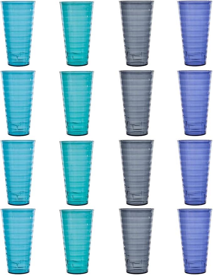 US Acrylic Splash [Set of 16] 18 ounce Plastic Stackable Water Tumblers in 4 Coastal Colors Value Set of Drinking Cups, Reusable, BPA-free, Made in the USA, Top-rack Dishwasher Safe - Bloomnest