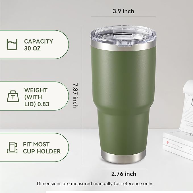 30 oz Tumbler with Lid Stainless Steel Tumblers Vacuum Insulated Cup Reusable Powder Coated Travel Mug Double Wall Leak Proof Portable Cups Keep Cold Drinks for 12 Hours, Army Green, 1 Pack