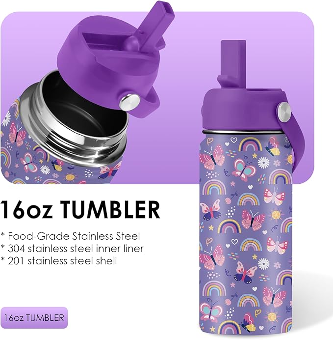 Butterfly Gifts - 16oz Purple Kids Water Bottle with Straw Lid, Stainless Steel Insulated Tumbler, Leakproof, BPA-Free, for Girls, School, Travel - Butterfly Rainbow Themed Birthday Gift Cup (1pc) - Bloomnest