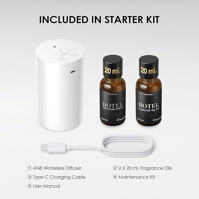 Airversa Waterless Essential Oil Diffuser Starter Kit with 2x20mL Hotel Fragrance Oils for Car Home Office, Up to 600 sq ft, Cordless Nebulizer Baterry Operated, Mist & Timer Settings AN8Kit-3, White - Bloomnest
