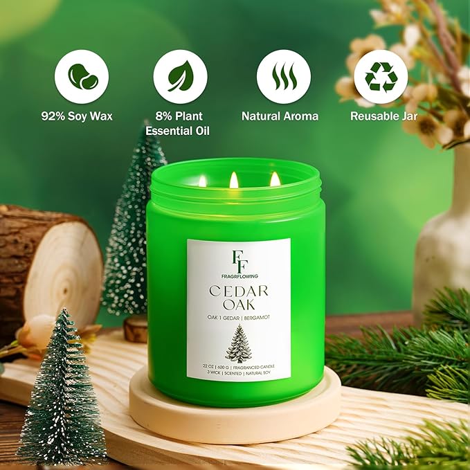 Cedar Oak Large Scented Candle, 3-Wick 22oz Long Lasting Scented Candle, Natural Soy Wax Aromatherapy Candle for Home, Autumn Candle Gifts for Women Men - Bloomnest